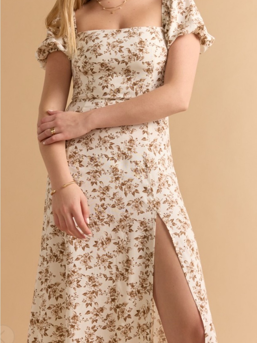 Francesca's Collections Cream and Brown Floral Square-Neck Midi Dress